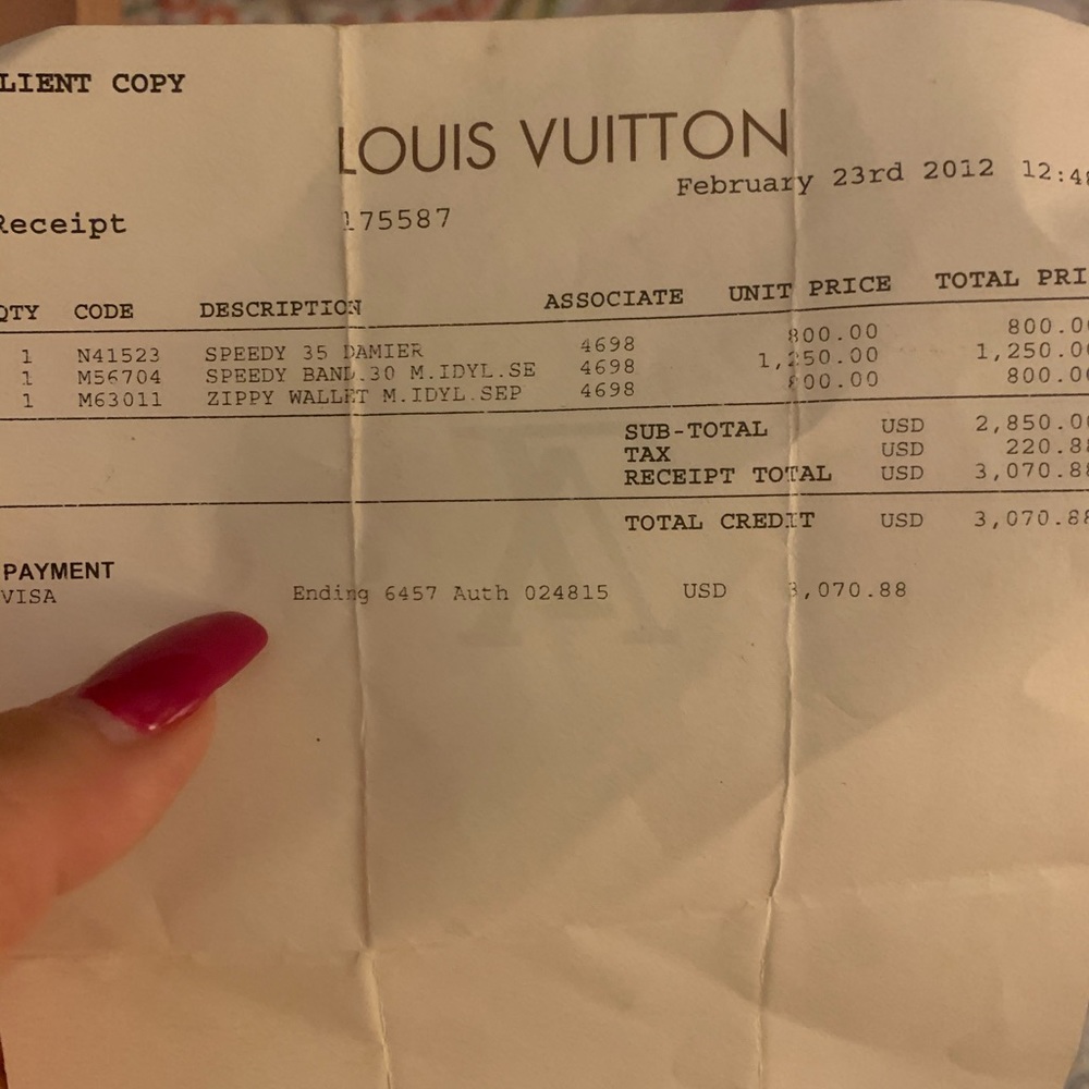 Louis Vuitton bag, wallet, original receipt